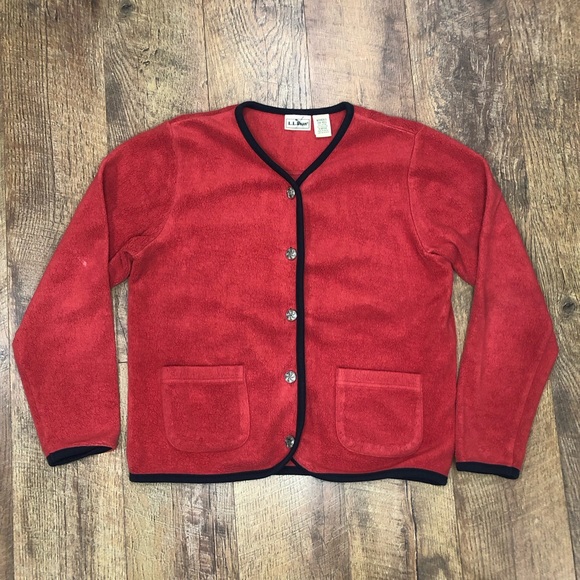 L.L.Bean Vintage Women’s Fleece Cardigan with Buttons Red Black Piping Size S - Picture 1 of 6